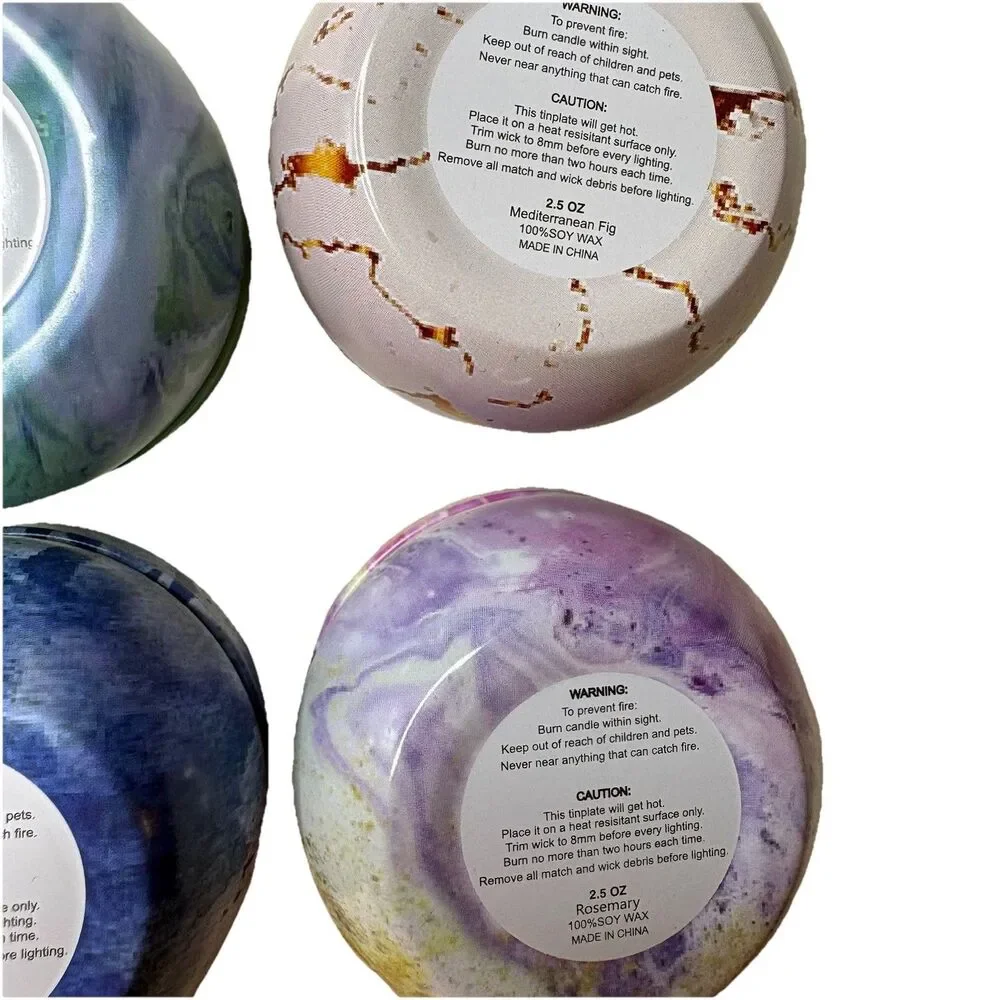 Mini Soy Wax Candles Decorative Tin With Lids Blue Purple Greens Marble Tie Dye